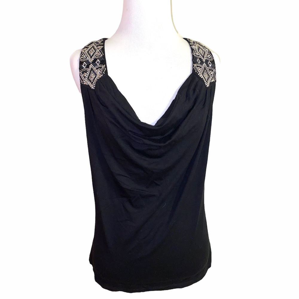 White House black market embellished black draped top, size Small rayon/spandex